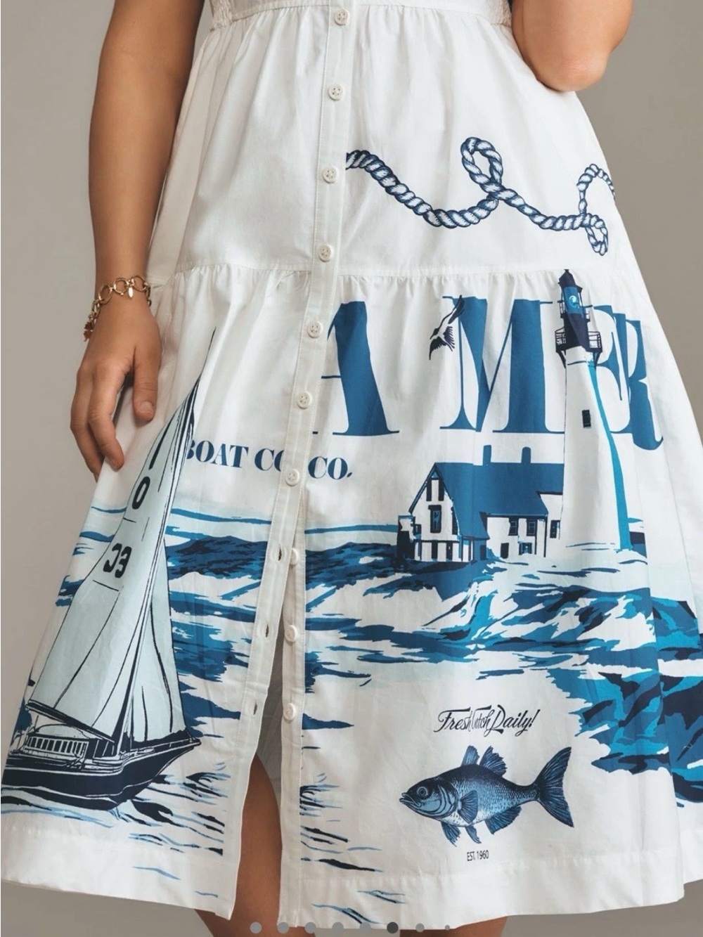 Anthropologie Maeve Sleeveless White Nautical Print Midi Dress — Blue Motif - Picture 5 of 10